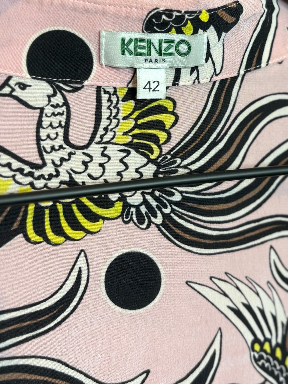 Kenzo Pink Bird-Print Silk Blouse with Black & Yellow Accents